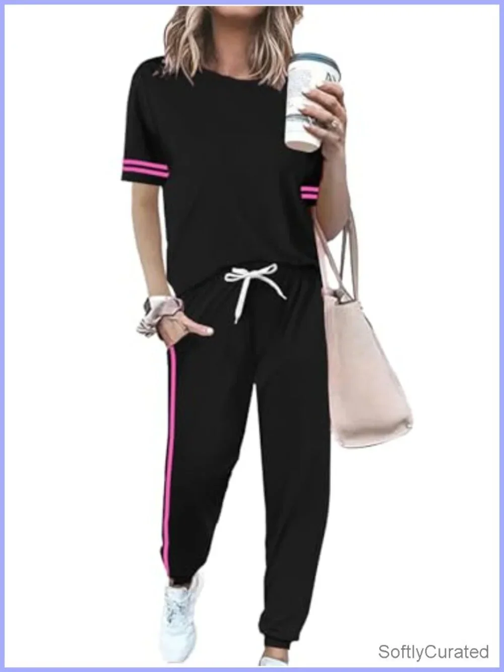 Women 2 Piece Striped Lounge Set Short Sleeve Crew Neck Pullover Tracksuit with